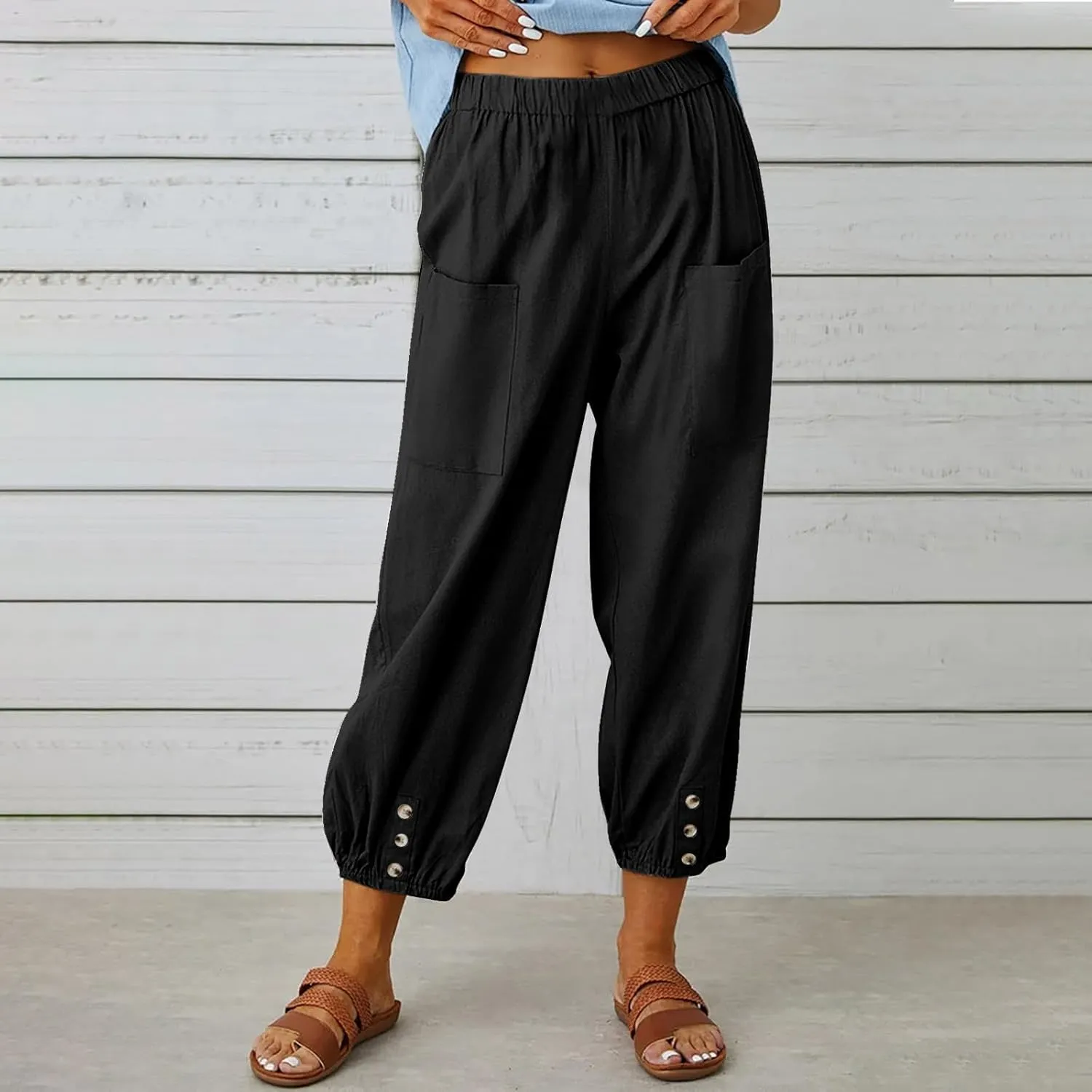 Women's Cotton Linen Capri Pants Plain High Waist Cinch Bottom with Button Summer Loose Casual Trouser with Pockets