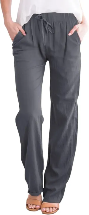 Women's Cotton Linen Capri Pants Solid Loose Fit Baggy High Waisted Casual Summer Vacation Trousers with Pockets