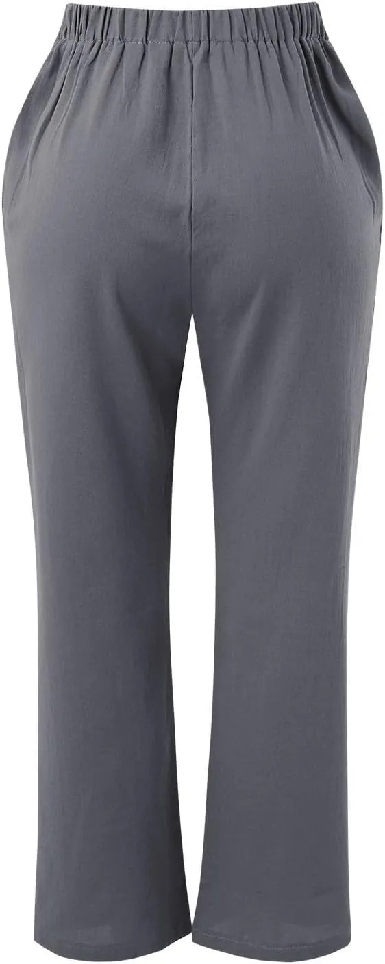 Women's Cotton Linen Capri Pants Solid Loose Fit Baggy High Waisted Casual Summer Vacation Trousers with Pockets