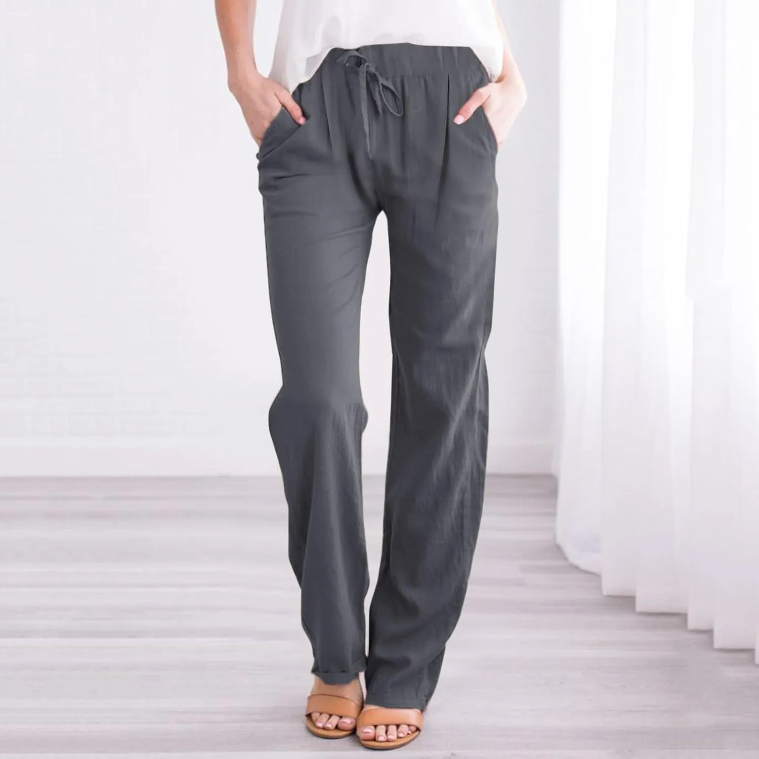 Women's Cotton Linen Capri Pants Solid Loose Fit Baggy High Waisted Casual Summer Vacation Trousers with Pockets