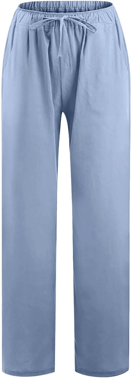 Women's Cotton Linen Palazzo Pants Drawstring Wide Leg Trousers High Waist Lightweight Pant Beach Vacation Clothes