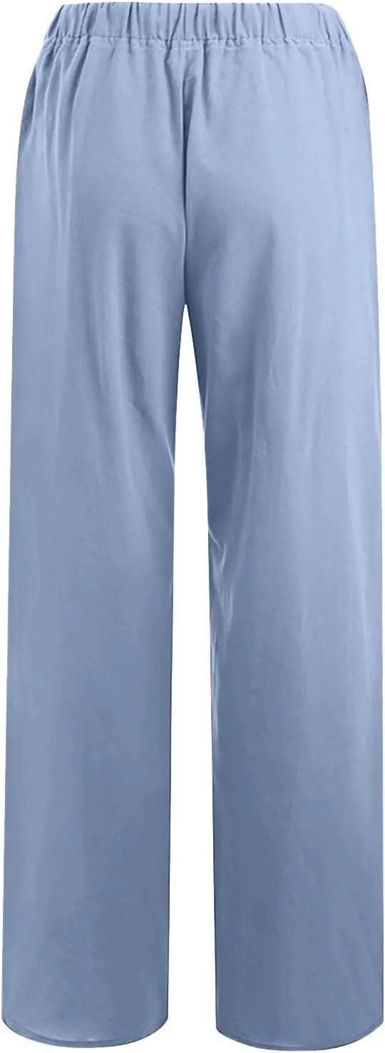 Women's Cotton Linen Palazzo Pants Drawstring Wide Leg Trousers High Waist Lightweight Pant Beach Vacation Clothes