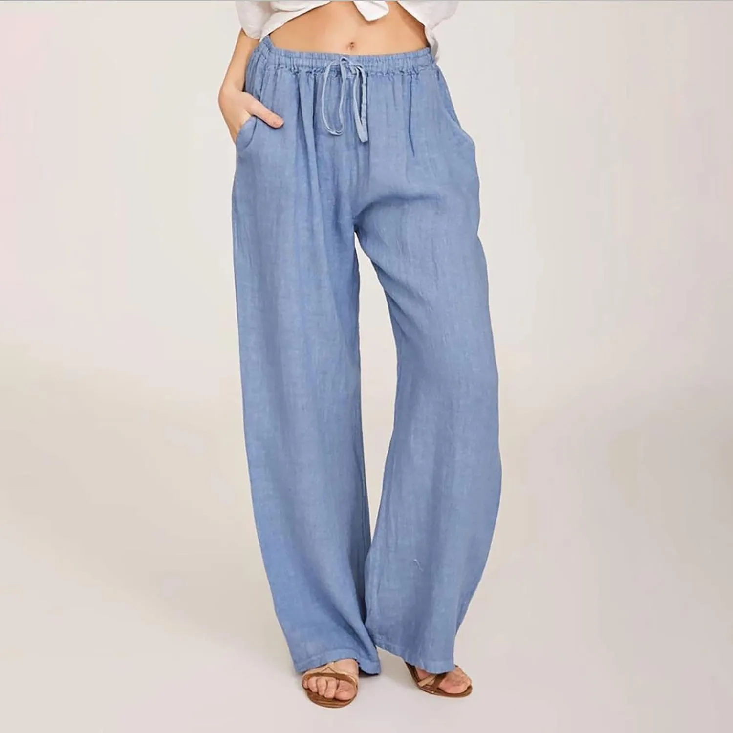 Women's Cotton Linen Palazzo Pants Drawstring Wide Leg Trousers High Waist Lightweight Pant Beach Vacation Clothes