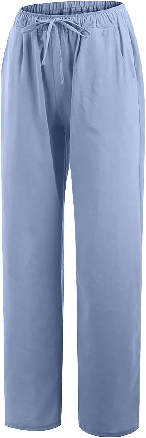 Women's Cotton Linen Palazzo Pants Drawstring Wide Leg Trousers High Waist Lightweight Pant Beach Vacation Clothes