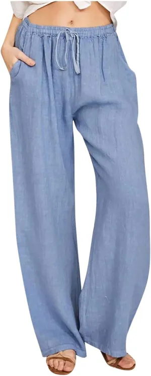 Women's Cotton Linen Palazzo Pants Drawstring Wide Leg Trousers High Waist Lightweight Pant Beach Vacation Clothes