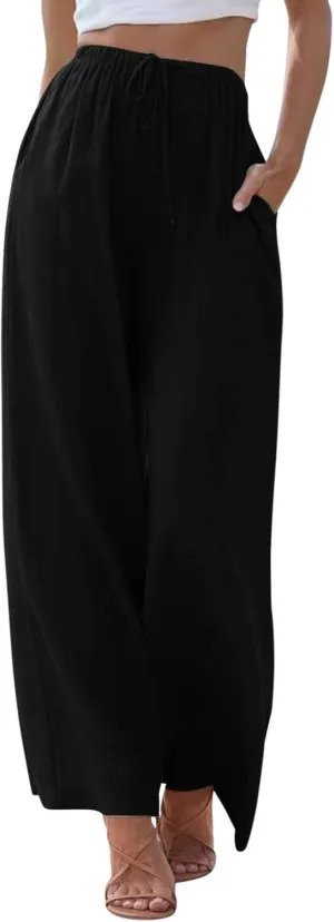 Womens Cotton Linen Palazzo Pants Wide Leg Lightweight Casual Flowy Trousers Summer Beach Vacation Boho Baggy Slacks