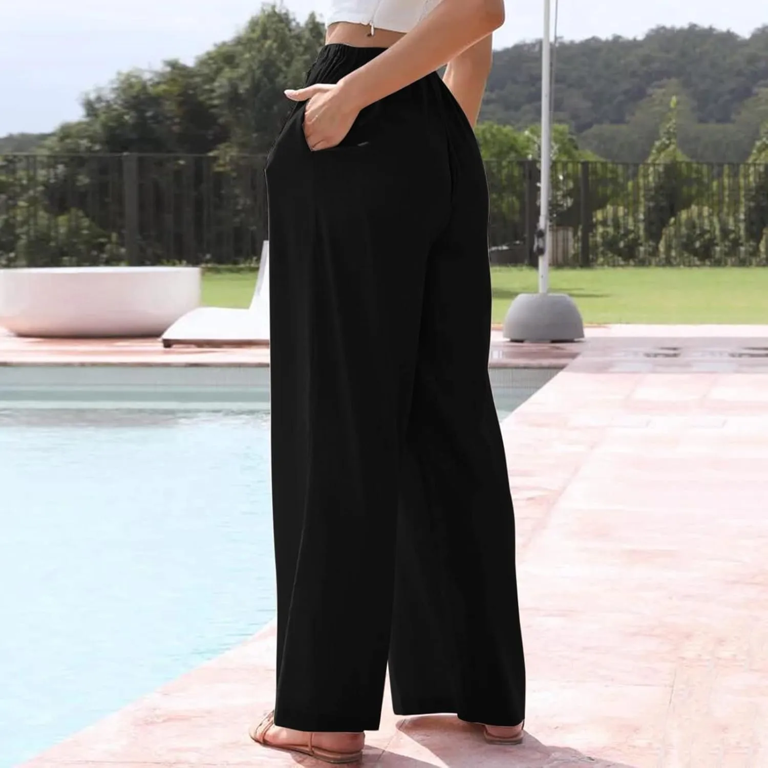 Womens Cotton Linen Palazzo Pants Wide Leg Lightweight Casual Flowy Trousers Summer Beach Vacation Boho Baggy Slacks