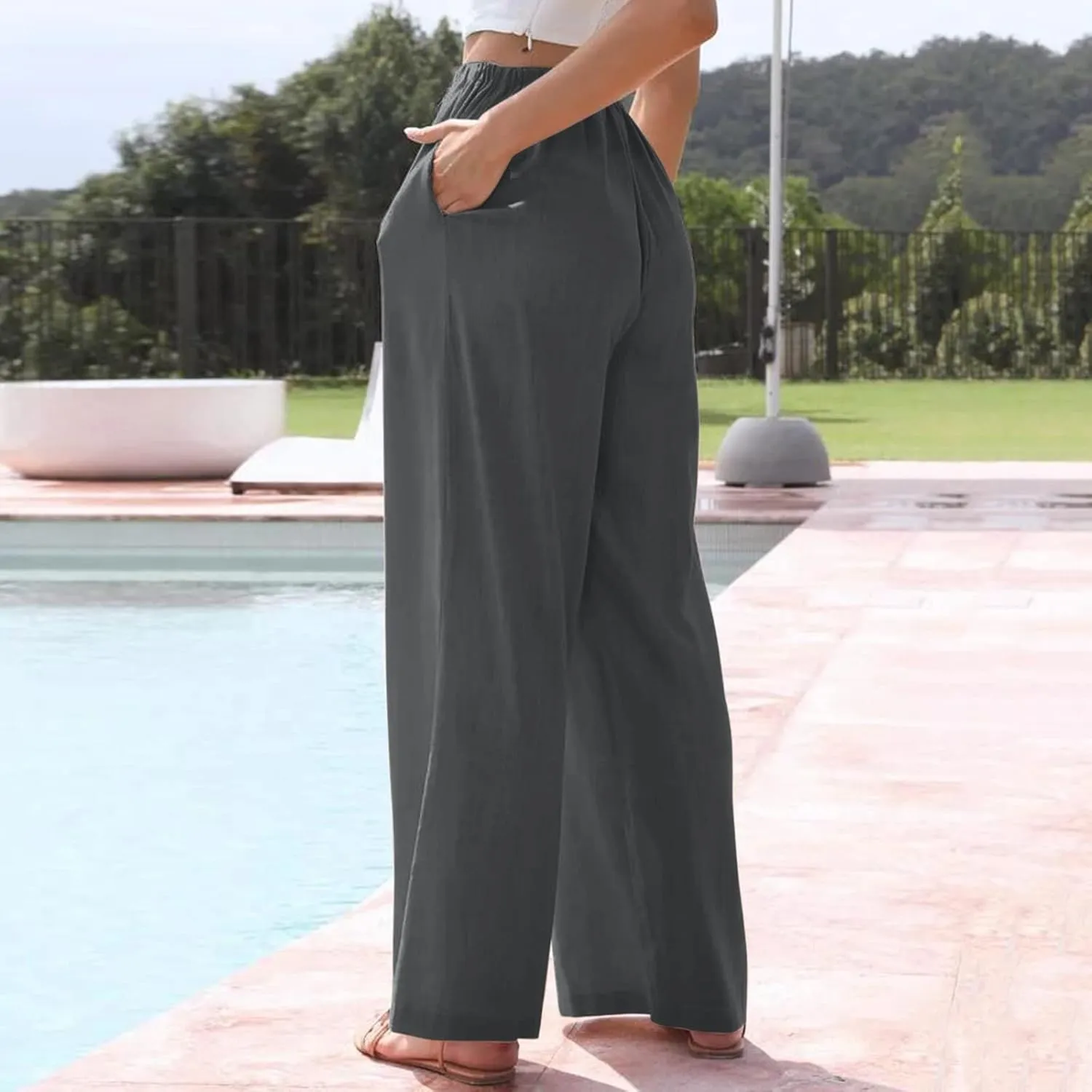 Womens Cotton Linen Palazzo Pants Wide Leg Lightweight Casual Flowy Trousers Summer Beach Vacation Boho Baggy Slacks