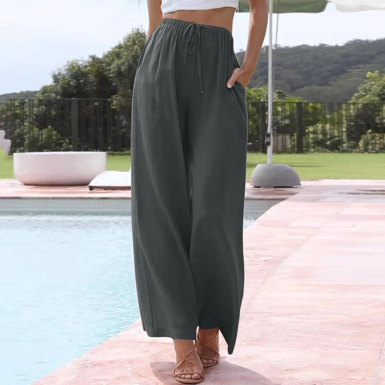 Womens Cotton Linen Palazzo Pants Wide Leg Lightweight Casual Flowy Trousers Summer Beach Vacation Boho Baggy Slacks