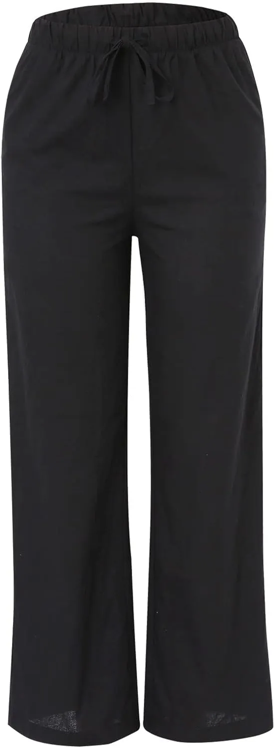 Womens Cotton Linen Palazzo Pants Wide Leg Lightweight Casual Flowy Trousers Summer Beach Vacation Boho Baggy Slacks