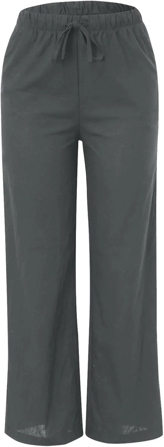 Womens Cotton Linen Palazzo Pants Wide Leg Lightweight Casual Flowy Trousers Summer Beach Vacation Boho Baggy Slacks
