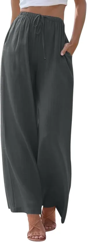 Womens Cotton Linen Palazzo Pants Wide Leg Lightweight Casual Flowy Trousers Summer Beach Vacation Boho Baggy Slacks