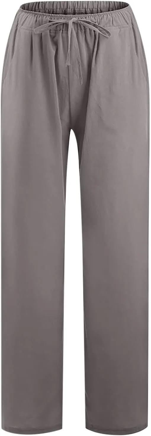 Women's Cotton Linen Pants Drawstring High Waisted Pants Casual Loose Fit Elastic Wasit 2024 Comfy Wide Leg Trousers