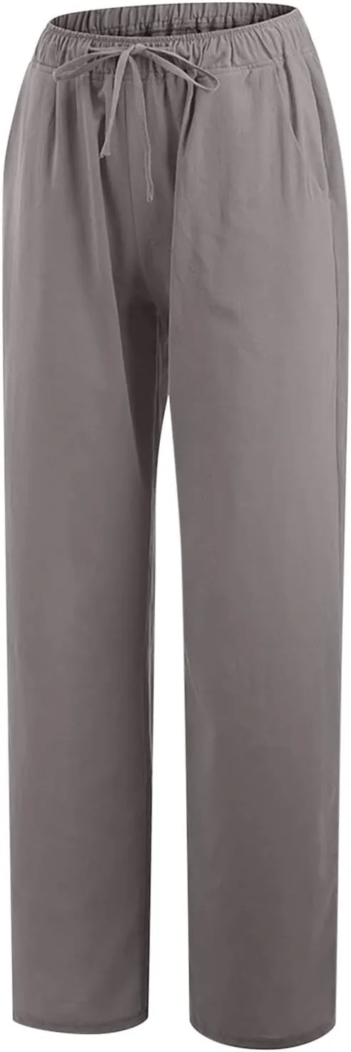Women's Cotton Linen Pants Drawstring High Waisted Pants Casual Loose Fit Elastic Wasit 2024 Comfy Wide Leg Trousers