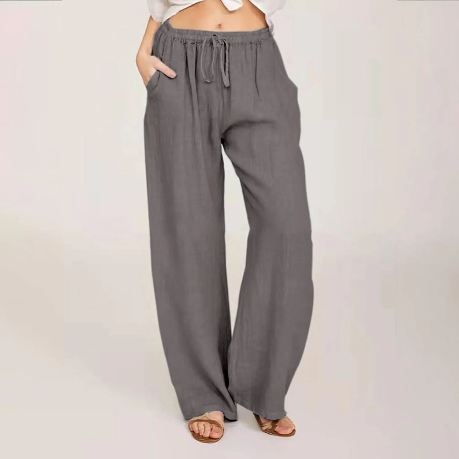 Women's Cotton Linen Pants Drawstring High Waisted Pants Casual Loose Fit Elastic Wasit 2024 Comfy Wide Leg Trousers