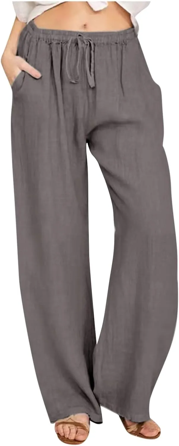 Women's Cotton Linen Pants Drawstring High Waisted Pants Casual Loose Fit Elastic Wasit 2024 Comfy Wide Leg Trousers