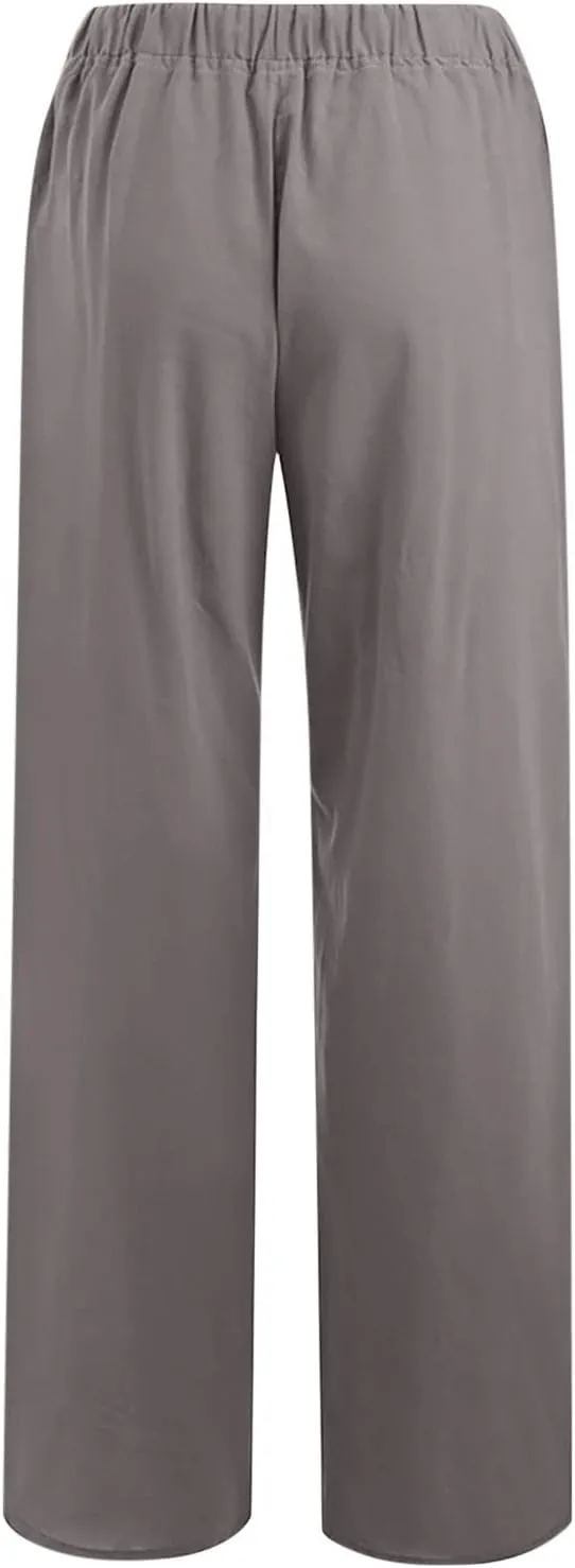 Women's Cotton Linen Pants Drawstring High Waisted Pants Casual Loose Fit Elastic Wasit 2024 Comfy Wide Leg Trousers