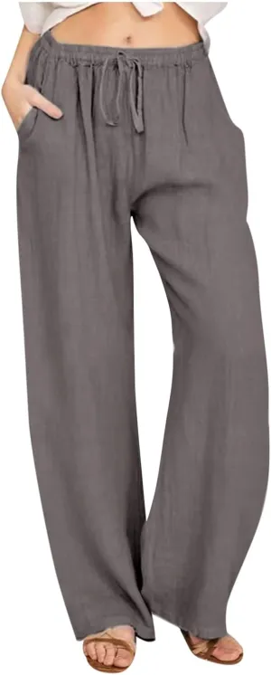Women's Cotton Linen Pants Drawstring High Waisted Pants Casual Loose Fit Elastic Wasit 2024 Comfy Wide Leg Trousers