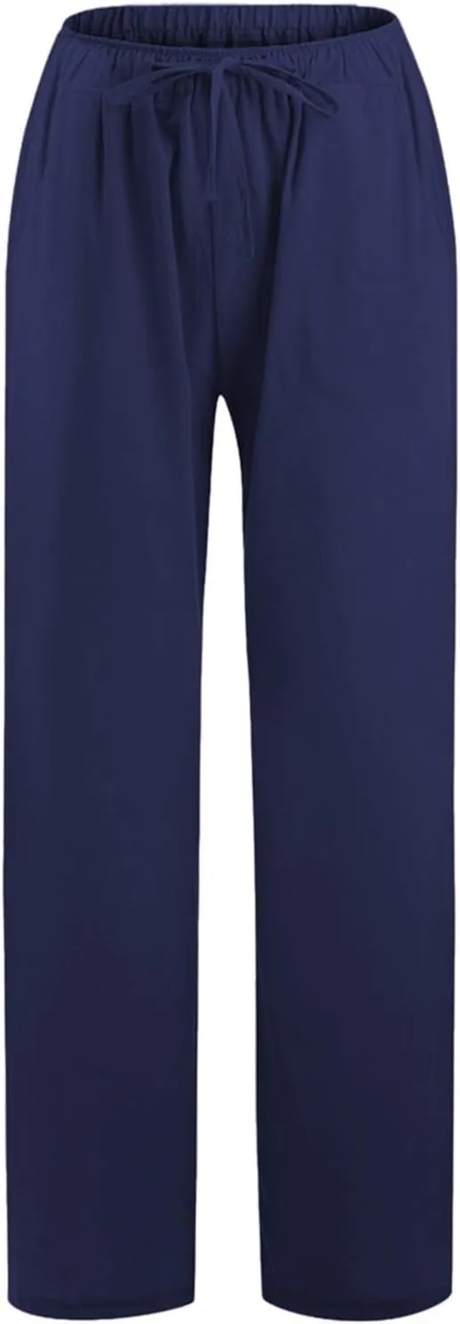Womens Cotton Linen Pants Elastic High Waisted Palazzo Pants Wide Leg Long Lounge Pant Casual Trousers with Pocket