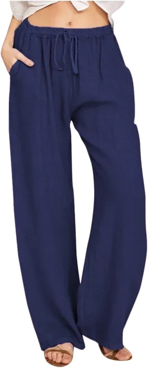 Womens Cotton Linen Pants Elastic High Waisted Palazzo Pants Wide Leg Long Lounge Pant Casual Trousers with Pocket