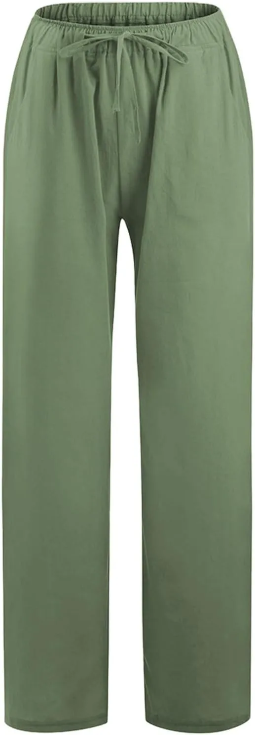 Womens Cotton Linen Pants Elastic High Waisted Palazzo Pants Wide Leg Long Lounge Pant Casual Trousers with Pocket