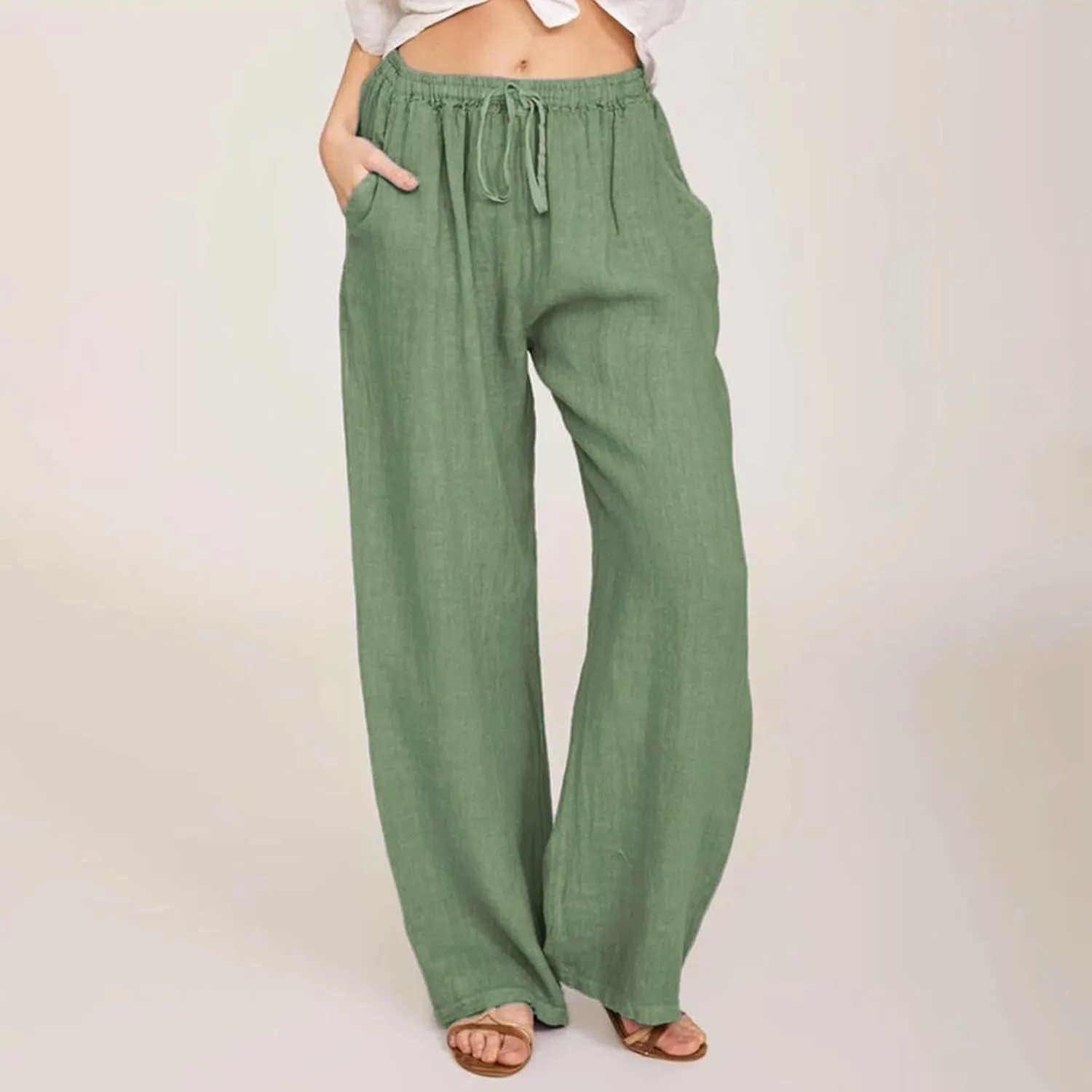 Womens Cotton Linen Pants Elastic High Waisted Palazzo Pants Wide Leg Long Lounge Pant Casual Trousers with Pocket