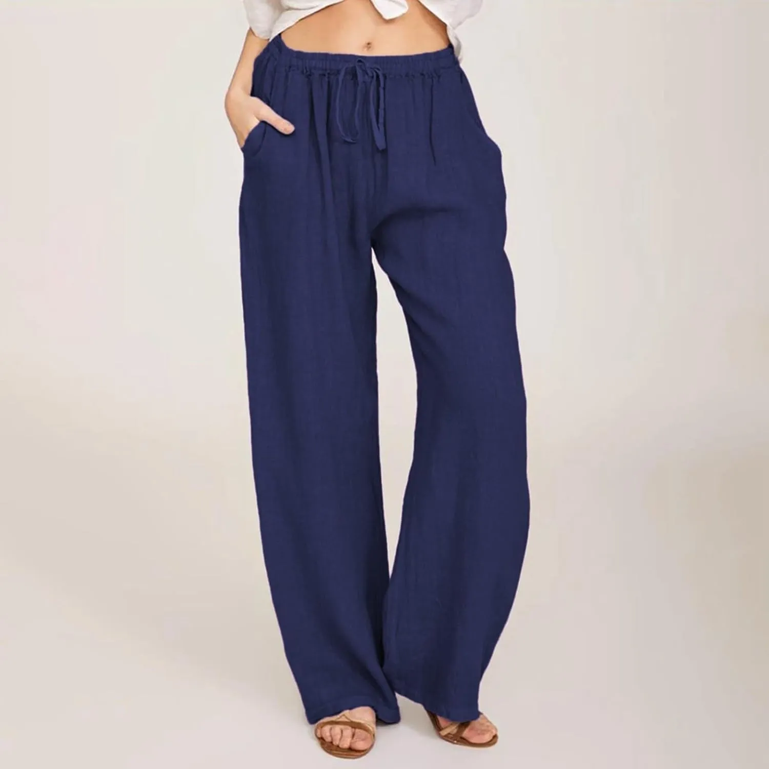 Womens Cotton Linen Pants Elastic High Waisted Palazzo Pants Wide Leg Long Lounge Pant Casual Trousers with Pocket