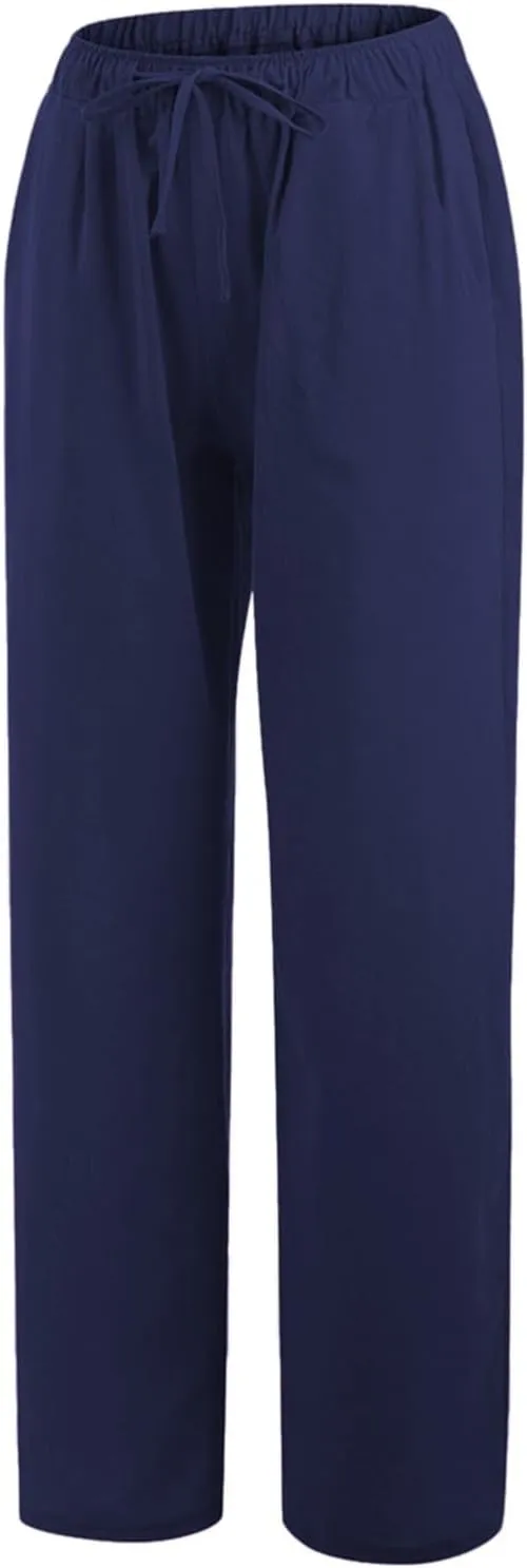 Womens Cotton Linen Pants Elastic High Waisted Palazzo Pants Wide Leg Long Lounge Pant Casual Trousers with Pocket