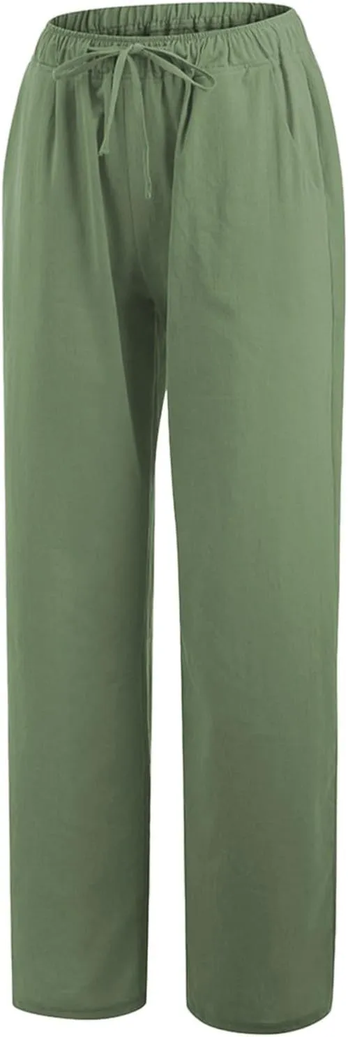 Womens Cotton Linen Pants Elastic High Waisted Palazzo Pants Wide Leg Long Lounge Pant Casual Trousers with Pocket