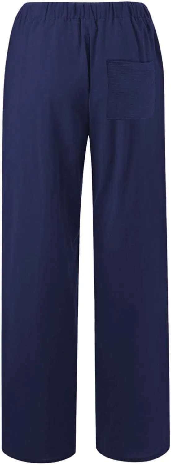 Womens Cotton Linen Pants Elastic High Waisted Palazzo Pants Wide Leg Long Lounge Pant Casual Trousers with Pocket