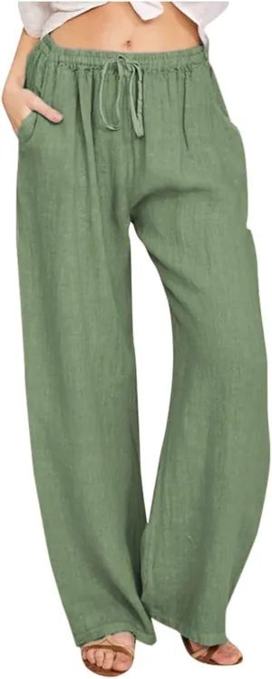 Womens Cotton Linen Pants Elastic High Waisted Palazzo Pants Wide Leg Long Lounge Pant Casual Trousers with Pocket