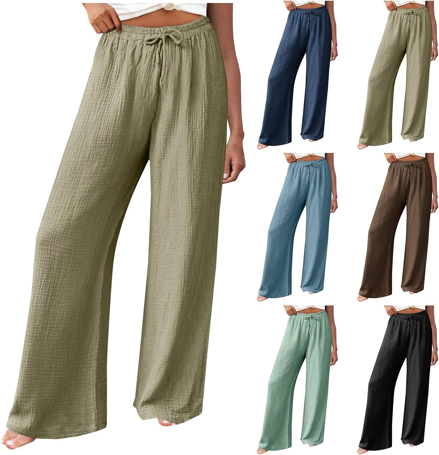 Womens Cotton Linen Pants High Waisted Drawstring Wide Leg Trousers with Pockets Summer Casual Loose Pants for Women