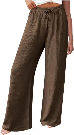 Womens Cotton Linen Pants High Waisted Drawstring Wide Leg Trousers with Pockets Summer Casual Loose Pants for Women