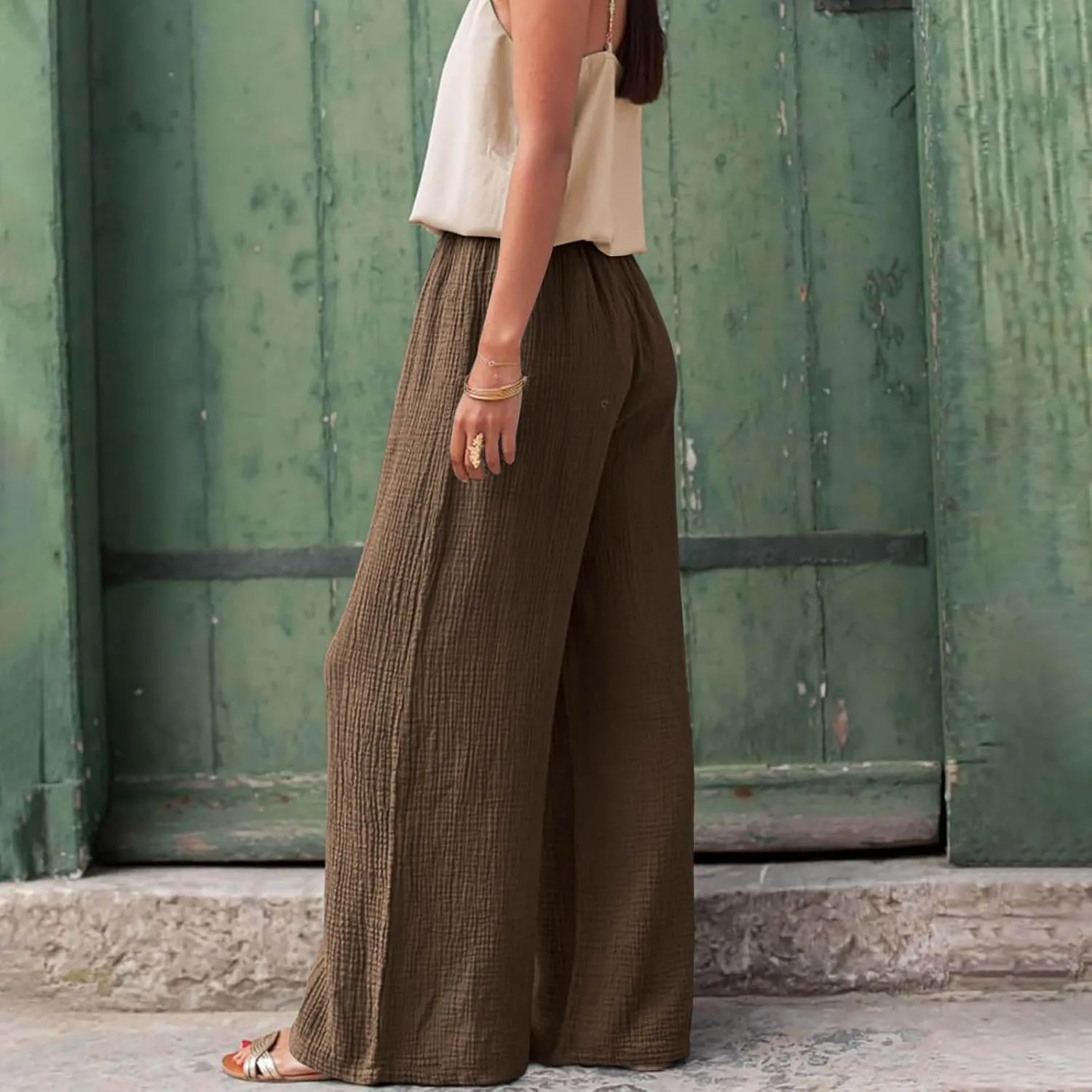 Womens Cotton Linen Pants High Waisted Drawstring Wide Leg Trousers with Pockets Summer Casual Loose Pants for Women