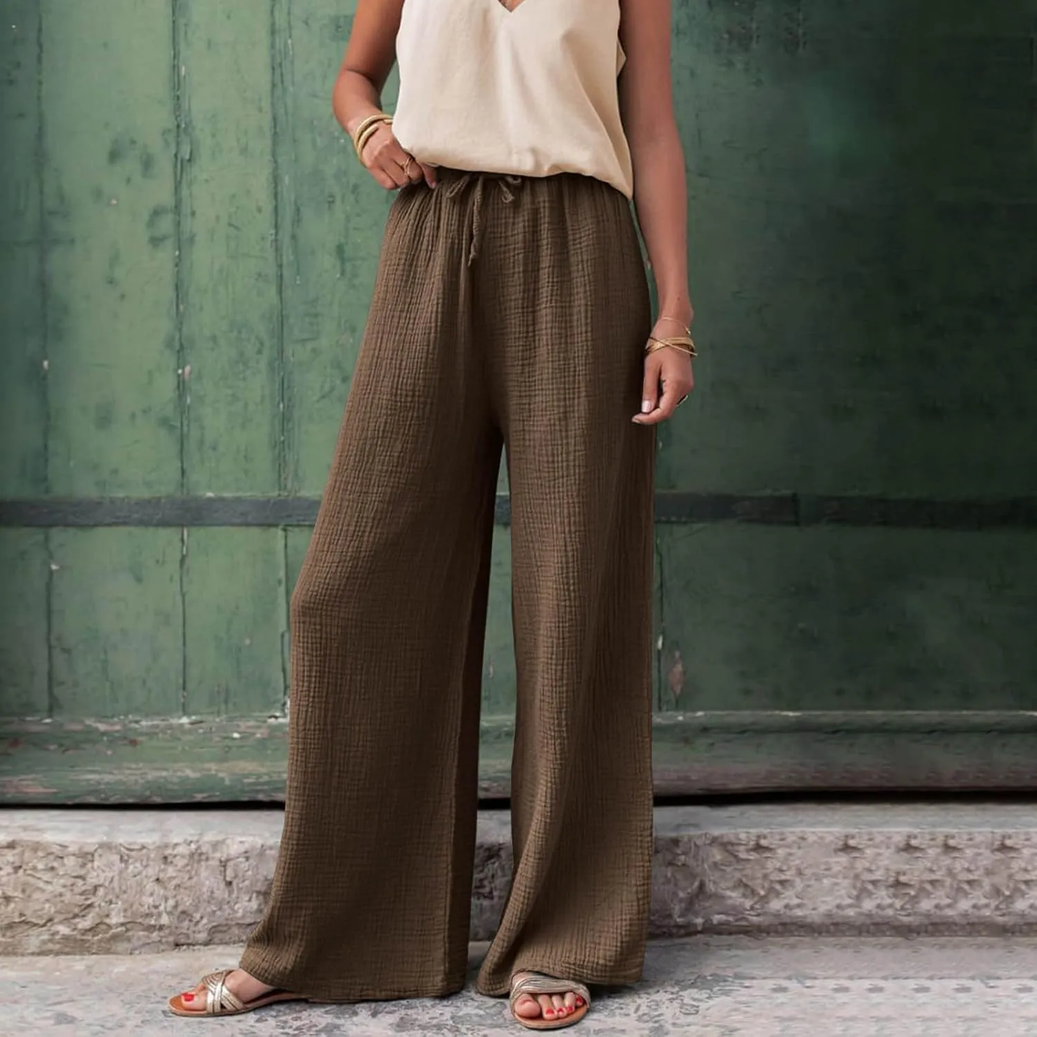 Womens Cotton Linen Pants High Waisted Drawstring Wide Leg Trousers with Pockets Summer Casual Loose Pants for Women