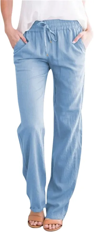 Women's Cotton Linen Pants Straight Leg Solid Lightweight Lounge Pant Casual Baggy Comfy Summer Trousers with Pockets