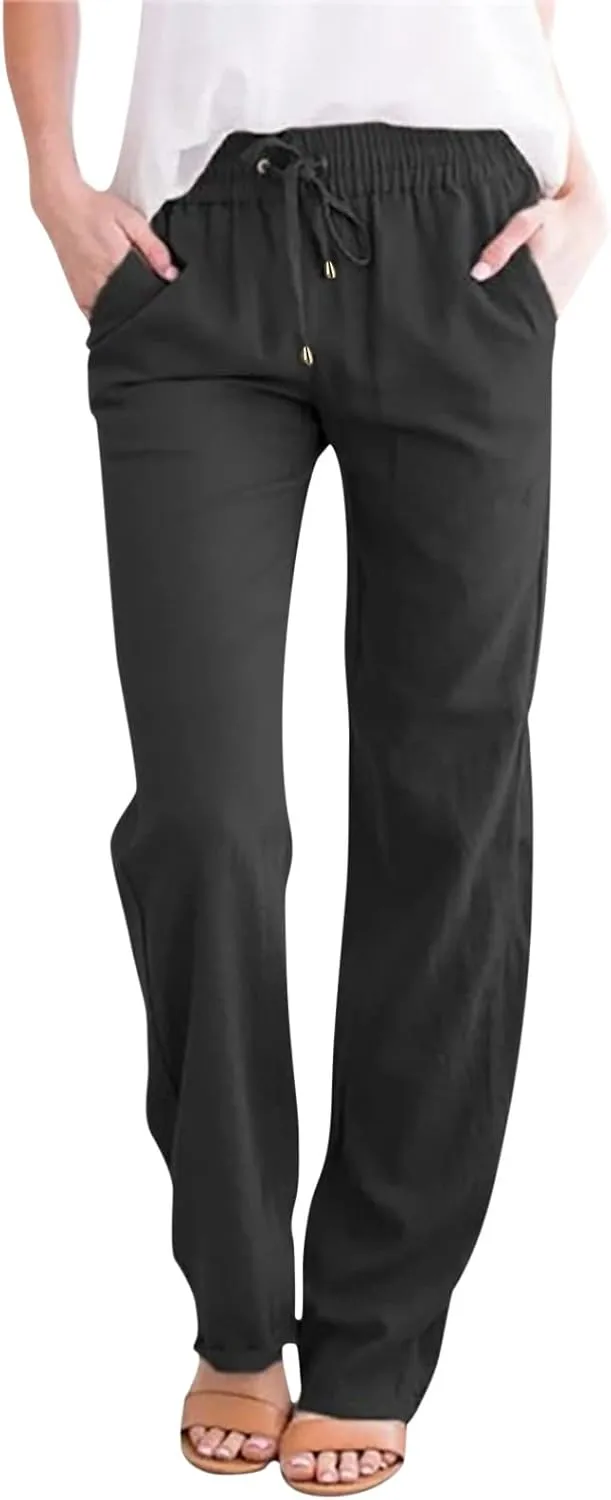 Women's Cotton Linen Pants Straight Leg Solid Lightweight Lounge Pant Casual Baggy Comfy Summer Trousers with Pockets