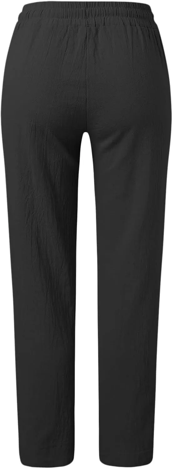 Women's Cotton Linen Pants Straight Leg Solid Lightweight Lounge Pant Casual Baggy Comfy Summer Trousers with Pockets