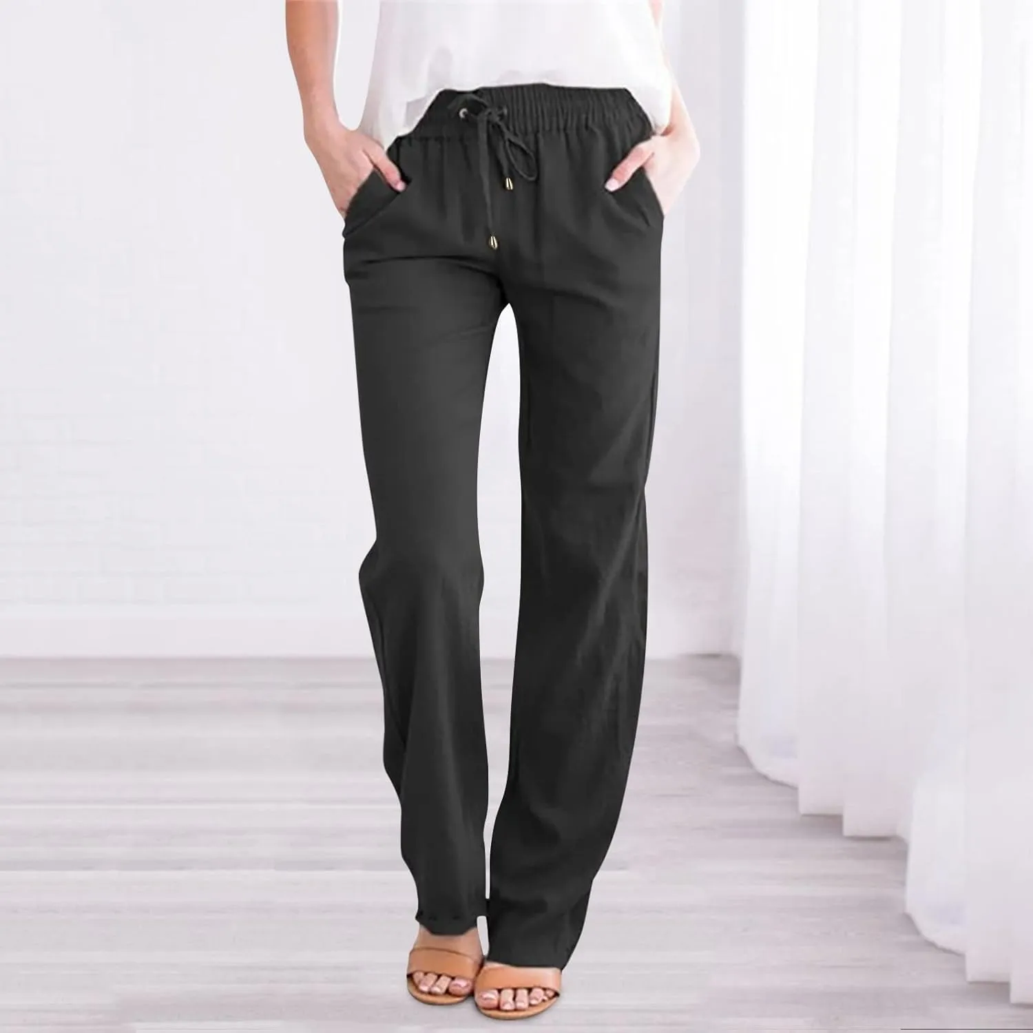 Women's Cotton Linen Pants Straight Leg Solid Lightweight Lounge Pant Casual Baggy Comfy Summer Trousers with Pockets