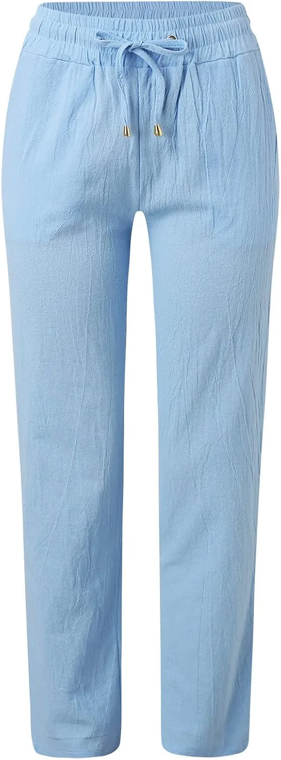 Women's Cotton Linen Pants Straight Leg Solid Lightweight Lounge Pant Casual Baggy Comfy Summer Trousers with Pockets