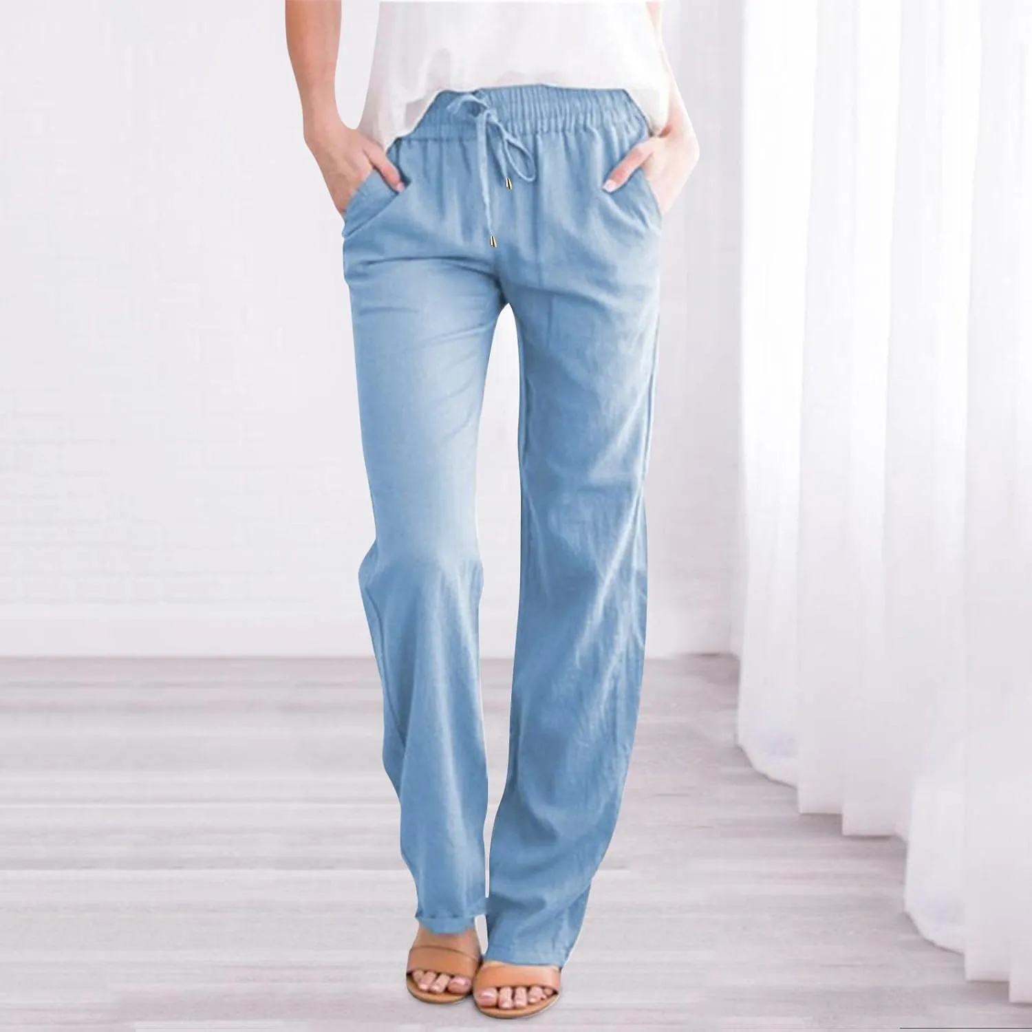 Women's Cotton Linen Pants Straight Leg Solid Lightweight Lounge Pant Casual Baggy Comfy Summer Trousers with Pockets