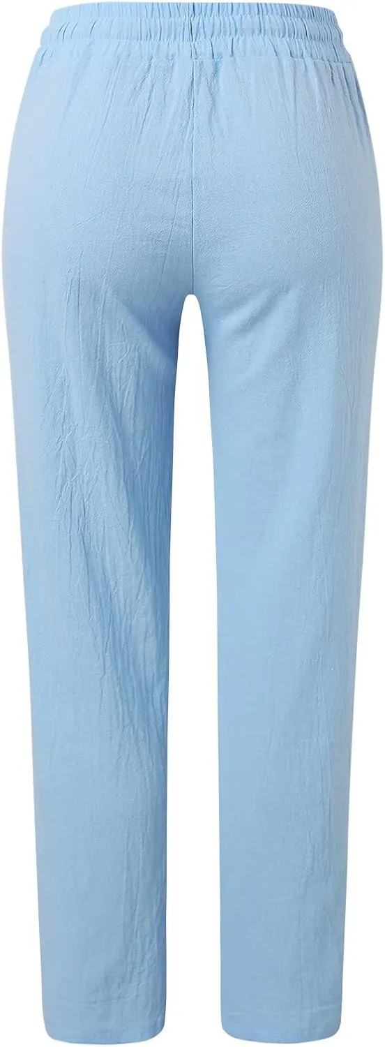 Women's Cotton Linen Pants Straight Leg Solid Lightweight Lounge Pant Casual Baggy Comfy Summer Trousers with Pockets