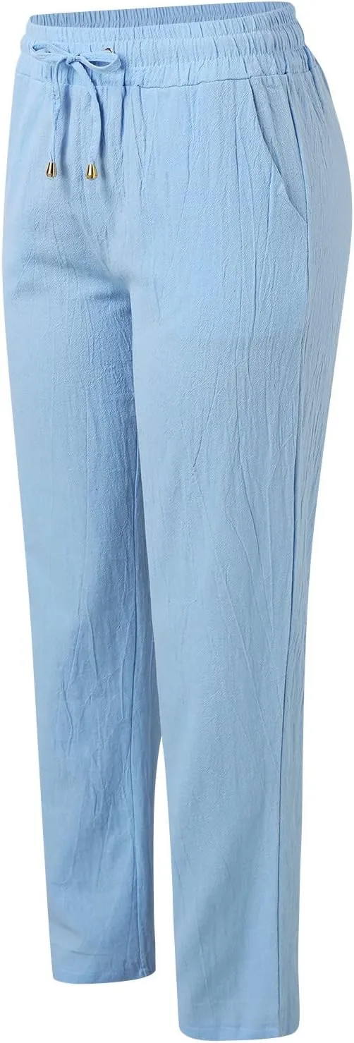 Women's Cotton Linen Pants Straight Leg Solid Lightweight Lounge Pant Casual Baggy Comfy Summer Trousers with Pockets