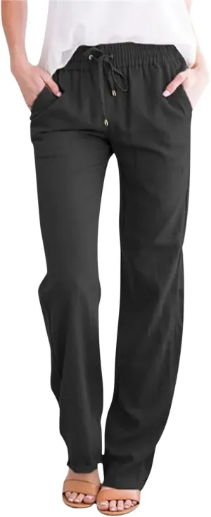 Women's Cotton Linen Pants Straight Leg Solid Lightweight Lounge Pant Casual Baggy Comfy Summer Trousers with Pockets