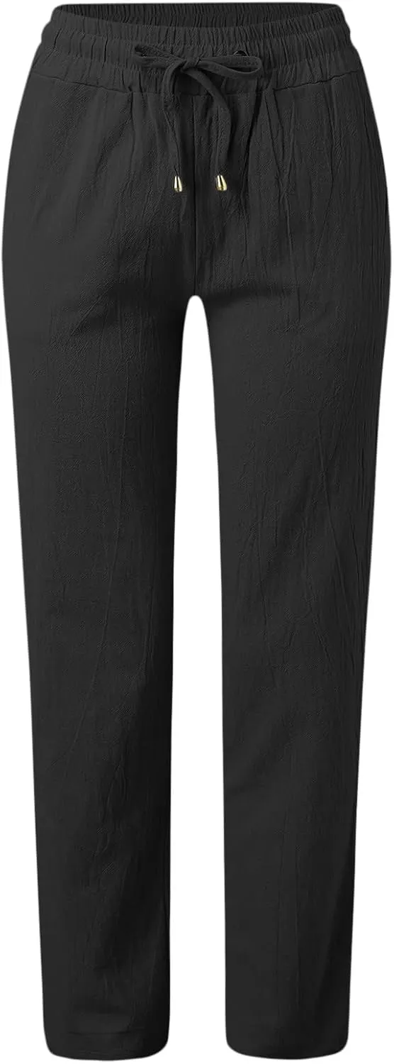 Women's Cotton Linen Pants Straight Leg Solid Lightweight Lounge Pant Casual Baggy Comfy Summer Trousers with Pockets