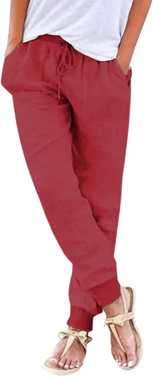 Women's Cotton Linen Pants Summer Lightweight Drawstring Lounge Pants Cinch Bottom Baggy Casual Trousers with Pockets