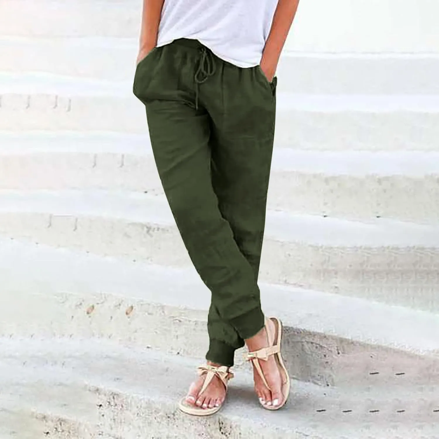 Women's Cotton Linen Pants Summer Lightweight Drawstring Lounge Pants Cinch Bottom Baggy Casual Trousers with Pockets