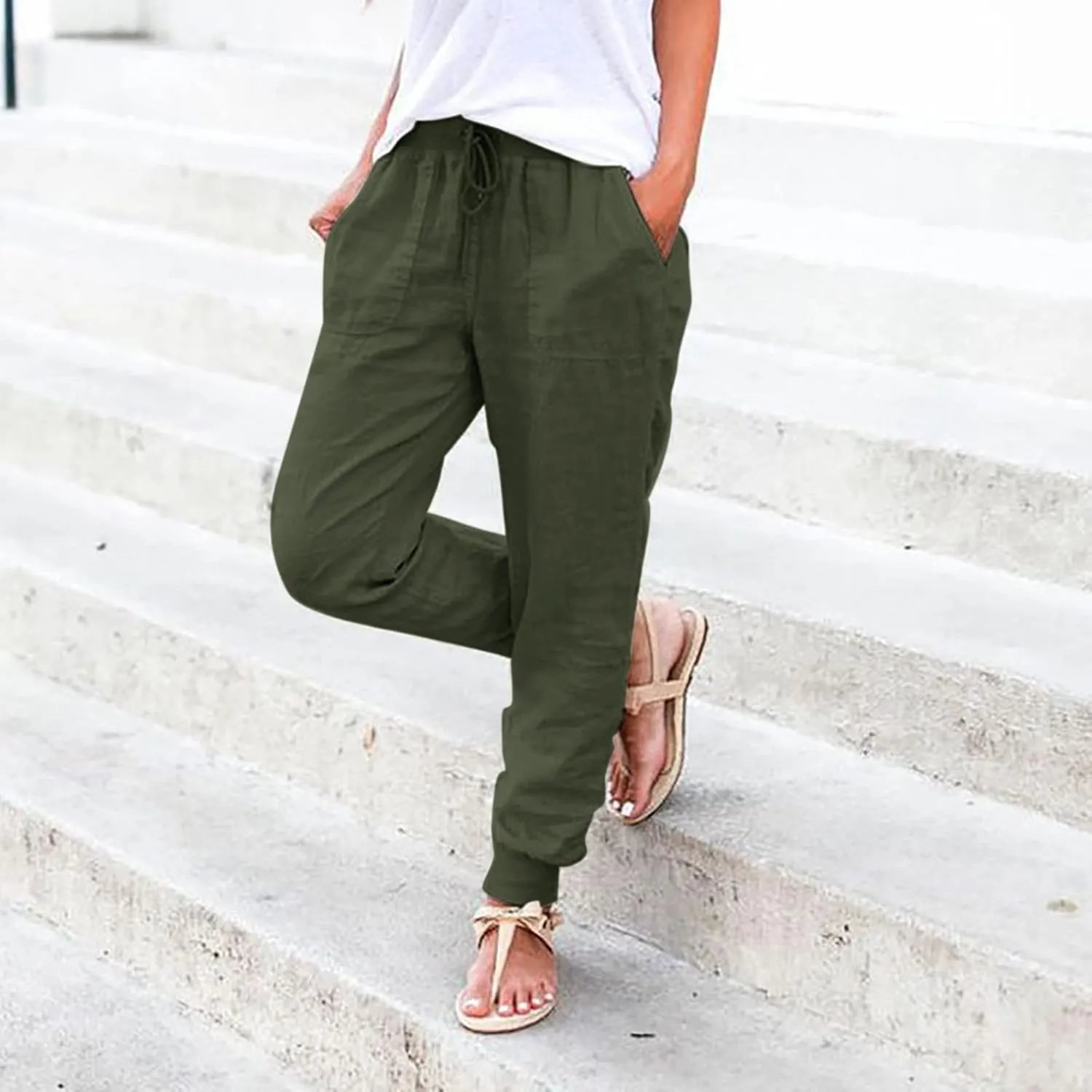 Women's Cotton Linen Pants Summer Lightweight Drawstring Lounge Pants Cinch Bottom Baggy Casual Trousers with Pockets