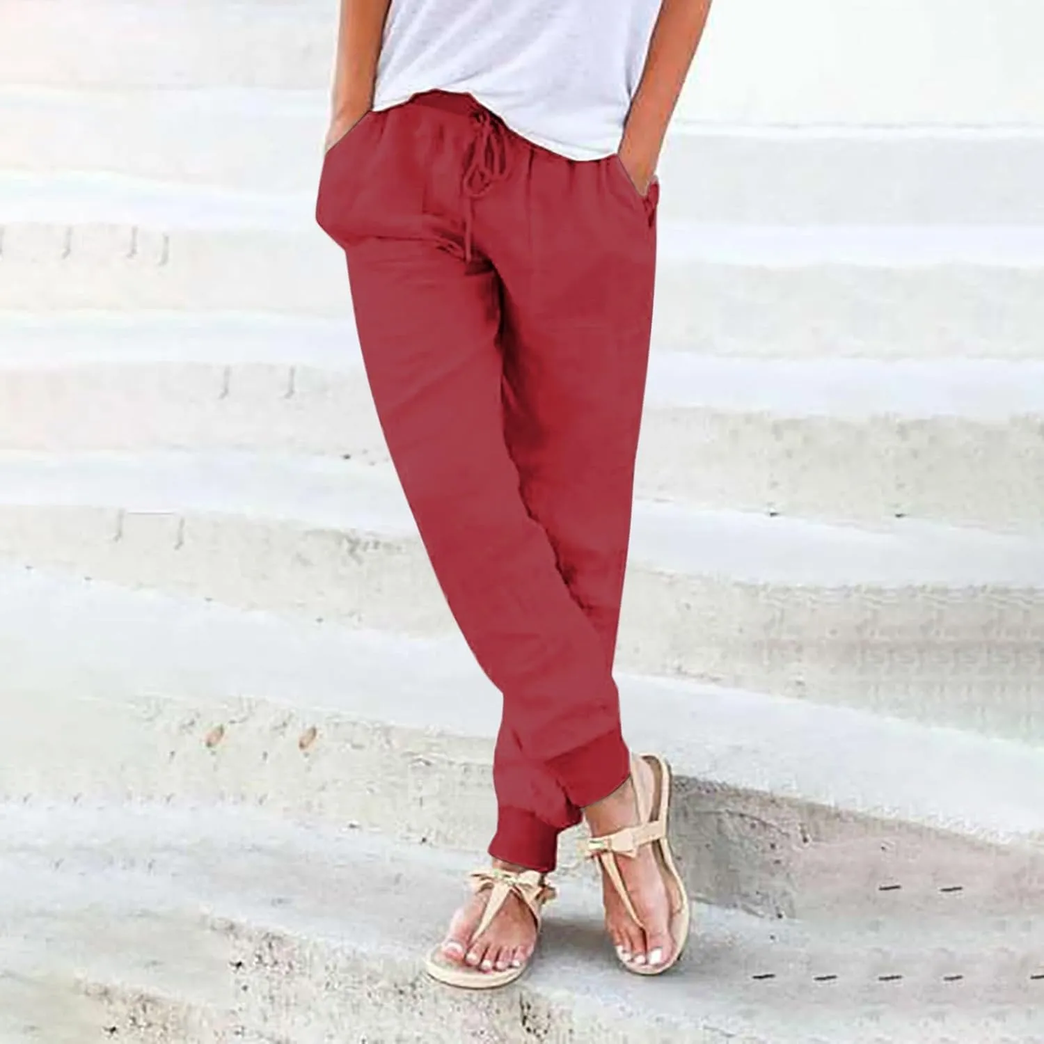 Women's Cotton Linen Pants Summer Lightweight Drawstring Lounge Pants Cinch Bottom Baggy Casual Trousers with Pockets