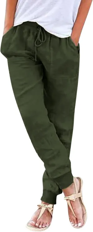 Women's Cotton Linen Pants Summer Lightweight Drawstring Lounge Pants Cinch Bottom Baggy Casual Trousers with Pockets